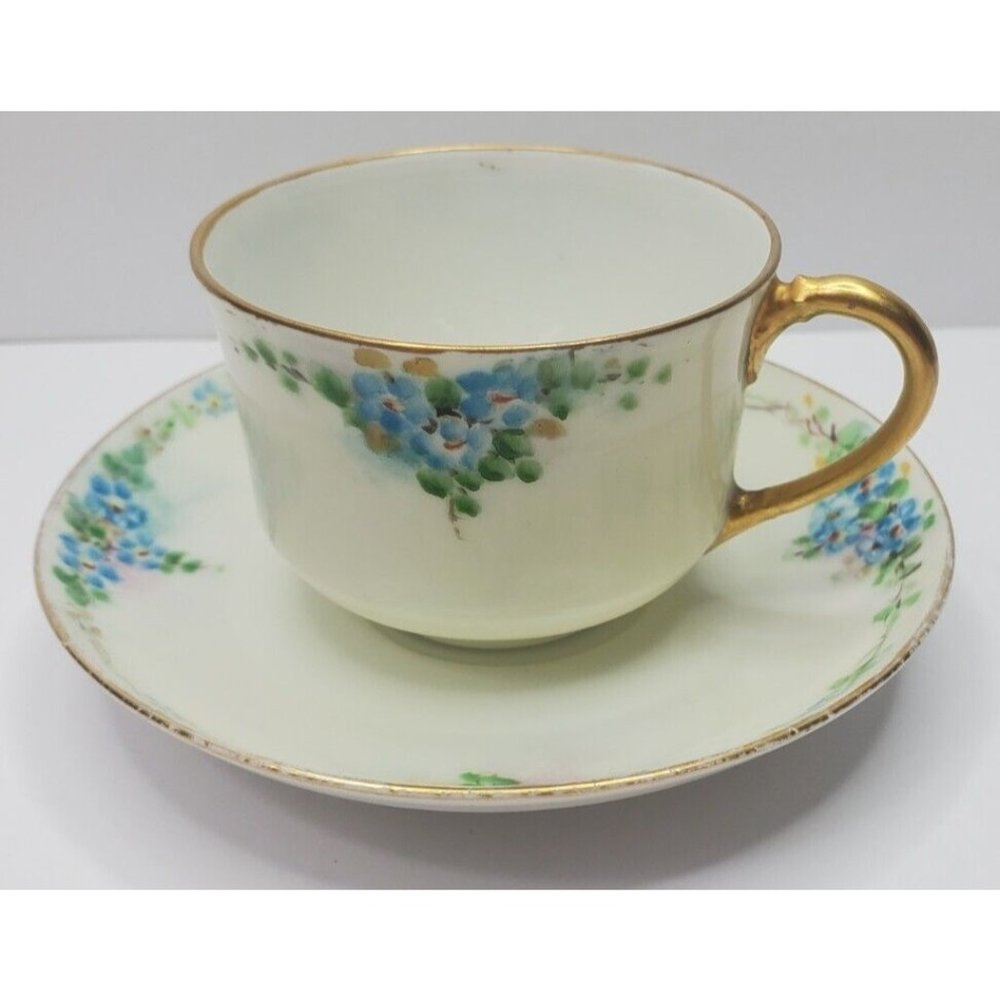 Vtg German Bavaria Porcelain Demitasse Cup & Saucer Forget-Me-Not Gold Trim